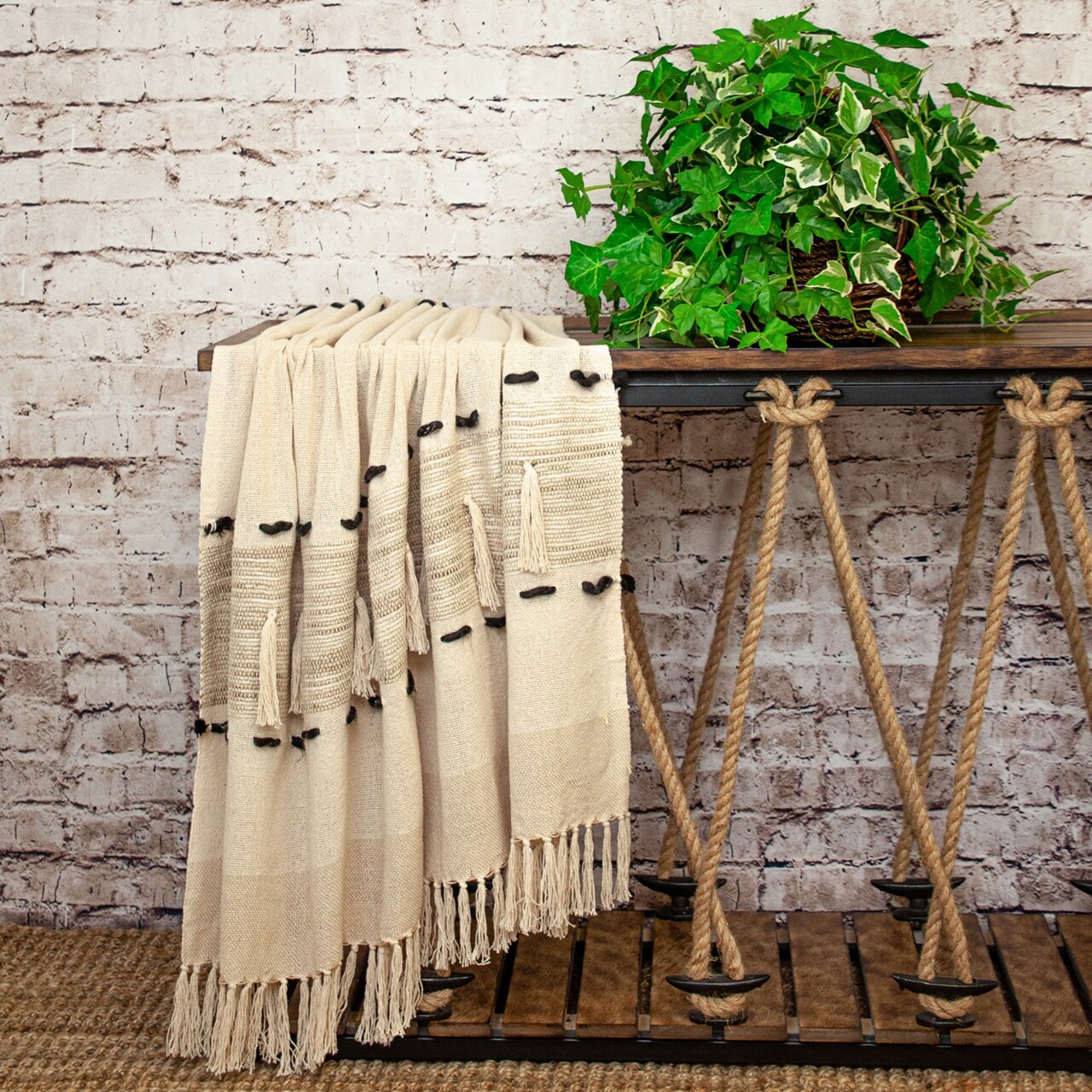 Nassau Collection Variegated Handloom Throw Blanket - 50" x 60" - Beige and White